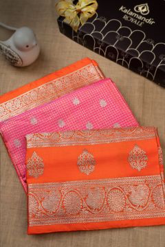 Venkatagiri Silk Checks And Buttis Peach Pink Saree
